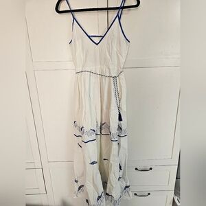 Anthro Celandine Embroidered Cotton Tiered Maxi Dress White Blue XS NWT Pockets